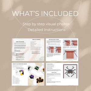 May include: A set of printable instructions for a Halloween-themed macrame garland. The instructions include a table of contents, information about the author, a description of macrame, and step-by-step visual photos. The project uses a pixel pattern to create a spider, a ghost, and a pumpkin.