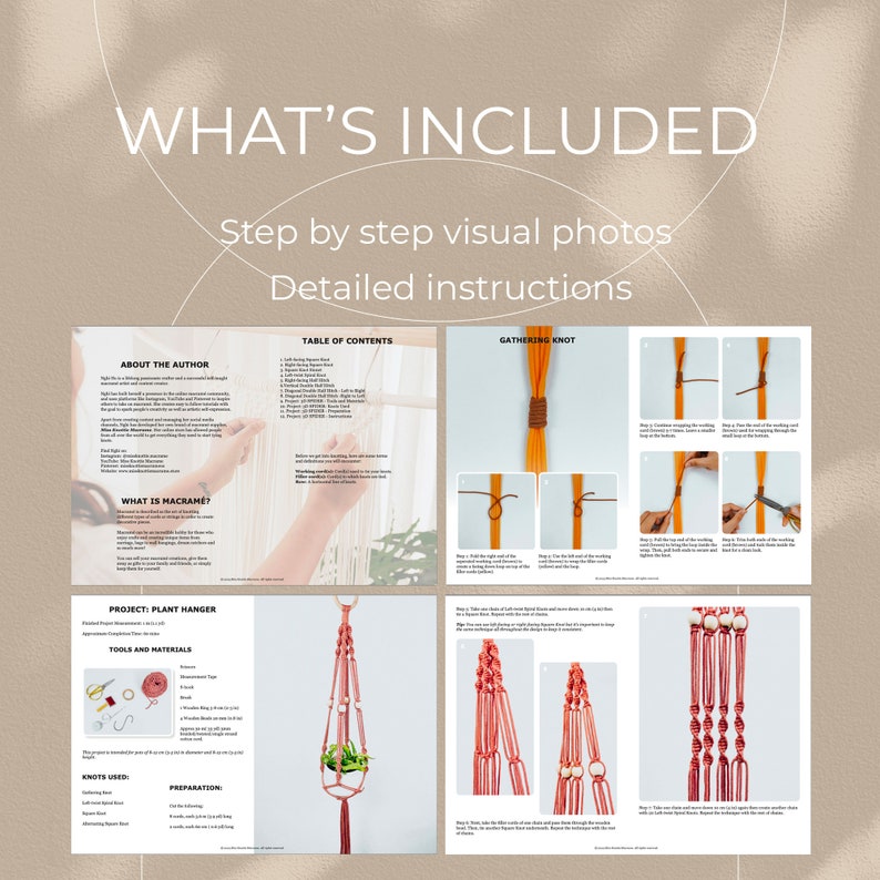 Puede incluir: Una descarga digital para un proyecto de bricolaje de macram&eacute; para colgar plantas. La gu&iacute;a incluye instrucciones paso a paso, fotos visuales y una tabla de contenido. El proyecto utiliza un nudo de reuni&oacute;n y un nudo en espiral.