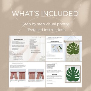 K&ouml;nnte beinhalten: Ein digitaler Download f&uuml;r ein Makramee-Wandbehang-Projekt. Das Projekt ist ein pixeliertes Monstera-Blatt mit einem gr&uuml;n-wei&szlig;en Farbschema. Der Download enth&auml;lt Schritt-f&uuml;r-Schritt-Anleitungen und visuelle Fotos. Der Text "What's Included" befindet sich oben im Bild.