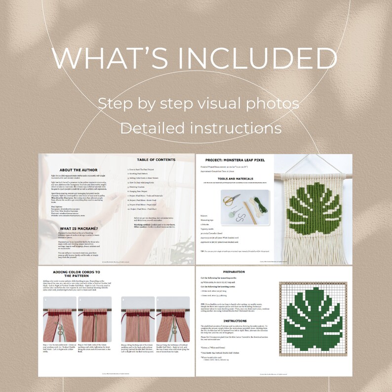 K&ouml;nnte beinhalten: Ein digitaler Download f&uuml;r ein Makramee-Wandbehang-Projekt. Das Projekt ist ein pixeliertes Monstera-Blatt mit einem gr&uuml;n-wei&szlig;en Farbschema. Der Download enth&auml;lt Schritt-f&uuml;r-Schritt-Anleitungen und visuelle Fotos. Der Text "What's Included" befindet sich oben im Bild.