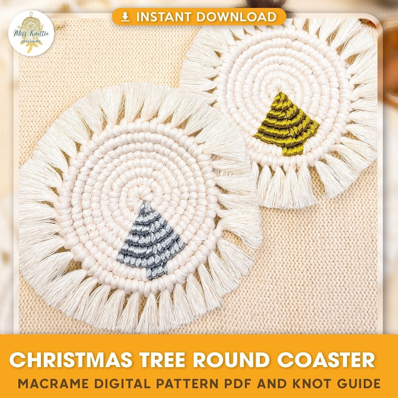 May include: Two white macrame coasters with a Christmas tree design. One coaster has a silver tree and the other has a gold tree. The coasters are on a beige background.  INSTANT DOWNLOAD. CHRISTMAS TREE ROUND COASTER MACRAME DIGITAL PATTERN PDF AND KNOT GUIDE
