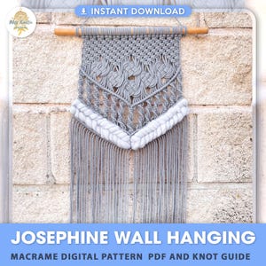 May include: A gray macrame wall hanging with a wooden dowel, featuring intricate knotwork and a fringed bottom. The design includes a white, textured border and the text "JOSEPHINE WALL HANGING".