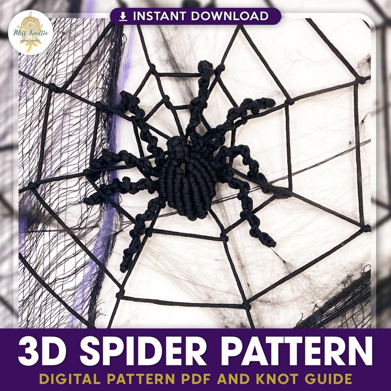 Peut inclure: Un mod&egrave;le de macram&eacute; d'araign&eacute;e 3D noir avec un guide de n&oelig;uds. L'araign&eacute;e est assise sur une toile noire et blanche. Le texte "Mod&egrave;le d'araign&eacute;e 3D" et "Mod&egrave;le num&eacute;rique PDF et guide de n&oelig;uds" se trouve en bas de l'image.