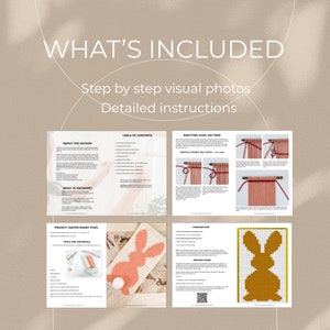 May include: A digital download for a macrame Easter bunny pixel project. The download includes a table of contents, instructions, and a pattern for a bunny shaped macrame wall hanging. The project uses a pink and white color scheme.