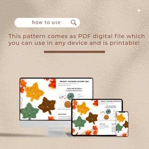 Op de afbeelding: Een digitale download voor een macram&eacute; herfstbladpatroon. Het patroon wordt weergegeven op een computerscherm, tablet en telefoon. Het patroon bevat instructies voor gereedschap en materialen, evenals de gebruikte knopen.