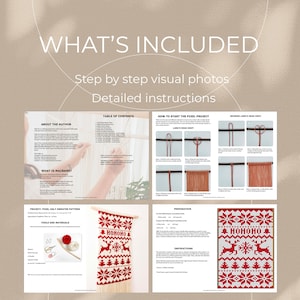 May include: A digital download pattern for a macrame wall hanging featuring a pixelated ugly Christmas jumper design with a reindeer, trees, and the text "HO HO HO". The pattern includes step-by-step instructions and visual photos.