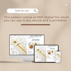 May include: A digital PDF pattern for a Christmas tree macrame wall hanging. The pattern is shown on a computer screen, tablet, and phone. The pattern includes instructions for tools, materials, and knots used.