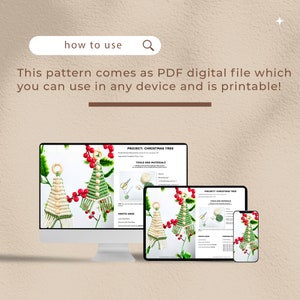 May include: A digital PDF pattern for making a Christmas tree wall hanging. The pattern includes instructions, tools, materials, and knots used. The image shows a computer screen, tablet, and phone displaying the pattern.