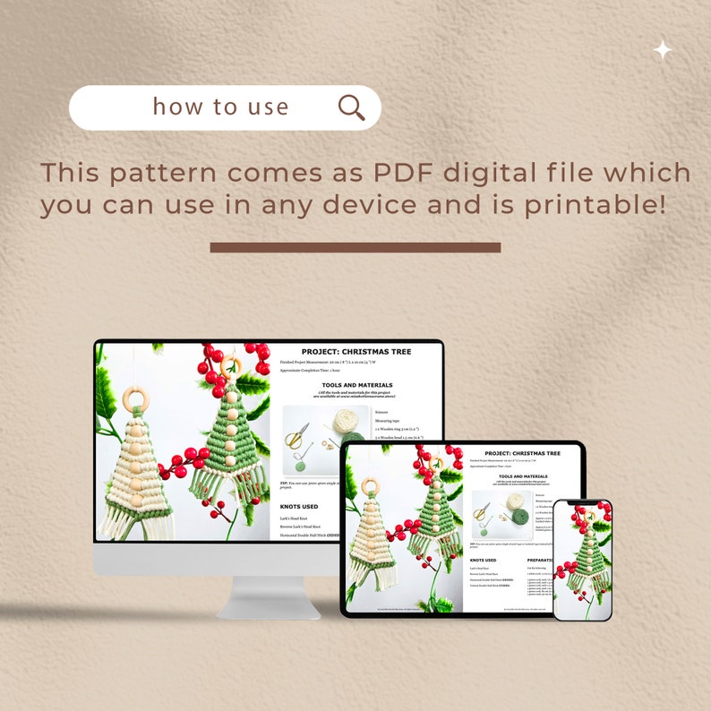May include: A digital PDF pattern for making a Christmas tree wall hanging. The pattern includes instructions, tools, materials, and knots used. The image shows a computer screen, tablet, and phone displaying the pattern.