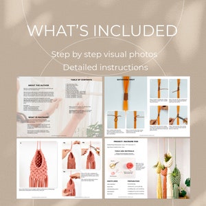 Op de afbeelding: Een digitale download voor een macram&eacute; plantenhanger project. De instructies bevatten stap-voor-stap foto's, een inhoudsopgave en een lijst met benodigde gereedschappen en materialen. Het project heet "Macrame Pod" en heeft een roze en gele macram&eacute; plantenhanger.