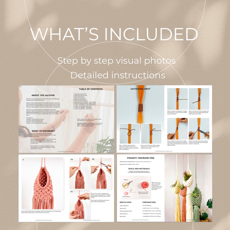 Op de afbeelding: Een digitale download voor een macram&eacute; plantenhanger project. De instructies bevatten stap-voor-stap foto's, een inhoudsopgave en een lijst met benodigde gereedschappen en materialen. Het project heet "Macrame Pod" en heeft een roze en gele macram&eacute; plantenhanger.