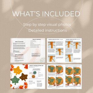 Op de afbeelding: Een digitale download van een macram&eacute; herfstbladpatroon. Het patroon bevat stapsgewijze instructies, visuele foto's en een inhoudsopgave. Het patroon is voor een macram&eacute; blad met een groen en oranje kleurenschema.