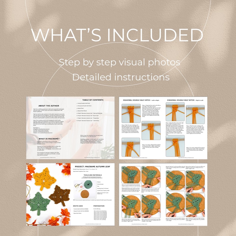 Op de afbeelding: Een digitale download van een macram&eacute; herfstbladpatroon. Het patroon bevat stapsgewijze instructies, visuele foto's en een inhoudsopgave. Het patroon is voor een macram&eacute; blad met een groen en oranje kleurenschema.