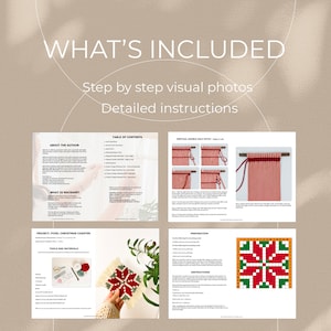 May include: A digital download for a macrame Christmas coaster pattern. The pattern includes step-by-step instructions, visual photos, and a table of contents. The coaster is a pixelated design with red, green, and white yarn.