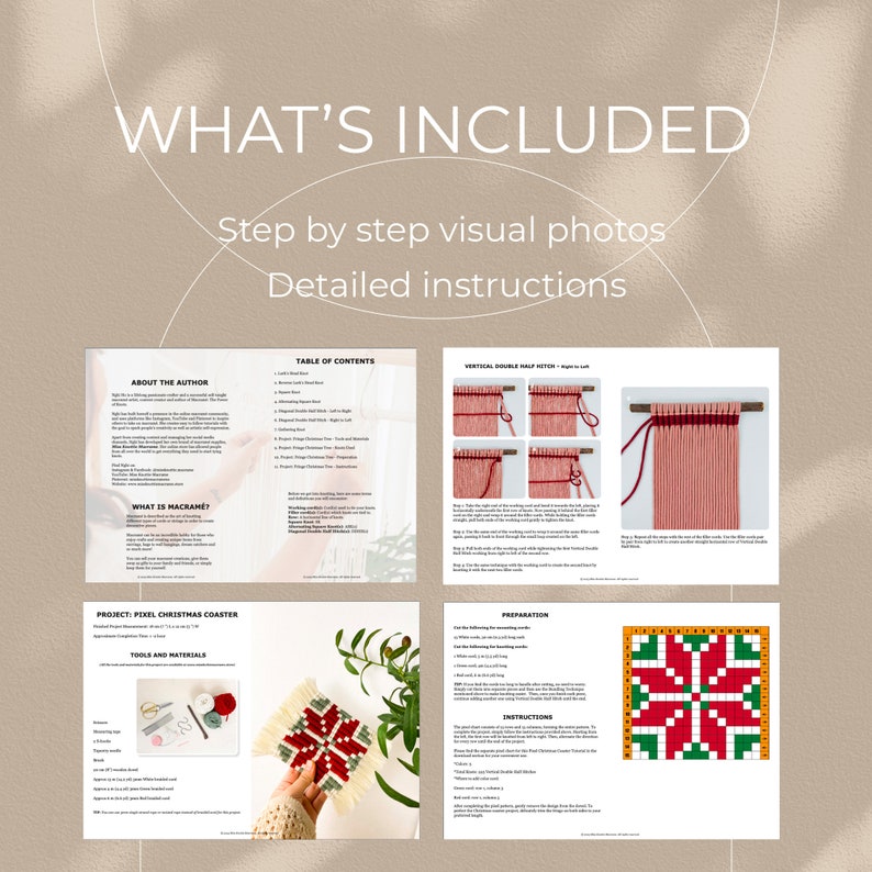 May include: A digital download for a macrame Christmas coaster pattern. The pattern includes step-by-step instructions, visual photos, and a table of contents. The coaster is a pixelated design with red, green, and white yarn.