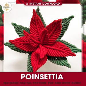 May include: A handcrafted macrame poinsettia flower with vibrant red petals and green leaves. The image includes the text "Instant Download" and "Poinsettia" with the description "Macrame Digital Pattern PDF and Knot Guide".