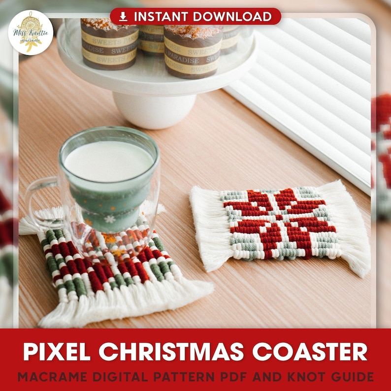 May include: A digital pattern for a macrame Christmas coaster. The coaster is made with white, red, and green yarn and has a pixelated snowflake design. The pattern includes instructions for making the coaster and a knot guide.