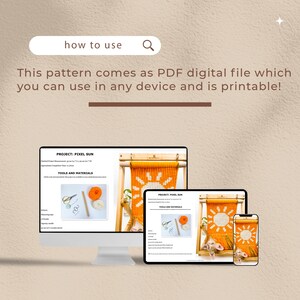 Puede incluir: Una descarga digital para un proyecto de manualidades de pared de sol de p&iacute;xeles. La imagen muestra una pantalla de computadora, una tableta y un tel&eacute;fono que muestran el patr&oacute;n PDF. El patr&oacute;n incluye instrucciones y una lista de herramientas y materiales necesarios para el proyecto. El proyecto se llama "Pixel Sun".
