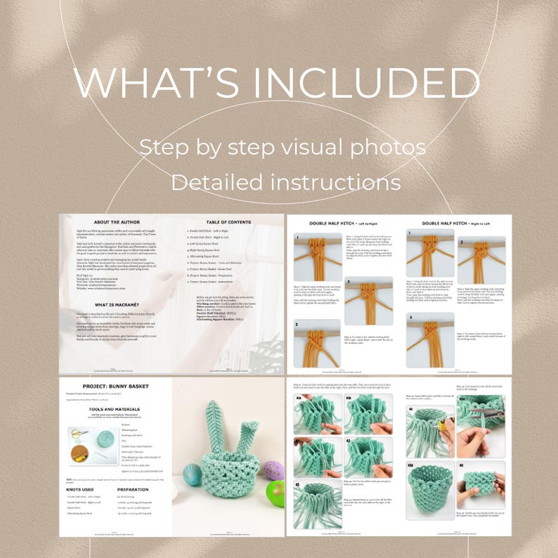 Puede incluir: Una descarga digital para un patr&oacute;n de cesta de conejo de crochet. La imagen muestra una tabla de contenido, instrucciones para el nudo de medio nudo doble y una cesta de conejo terminada.