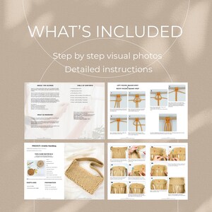 以下が含まれることがあります： マクラメのステップバイステップのビジュアル写真と詳細な手順を説明したガイド。このガイドには、目次、著者に関する情報、マクラメとは何か、ツールと素材、使用される結び目、準備、アマビエハンドバッグのプロジェクトが含まれています。