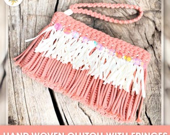 May include: A pink hand-woven clutch with white fringe and colorful beads. The clutch has a macrame design and a strap. "HAND-WOVEN CLUTCH WITH FRINGES" and "MACRAME DIGITAL PATTERN PDF AND KNOT GUIDE" are written in white text on a pink background.
