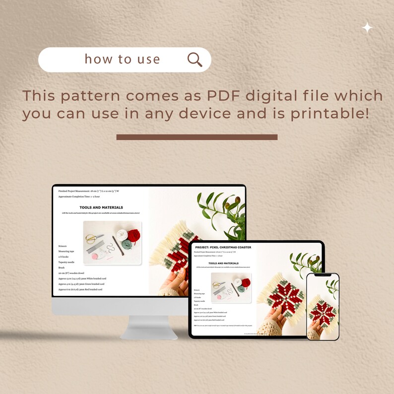 May include: A digital download for a crochet coaster pattern. The pattern includes instructions and materials needed to create a red and green Christmas-themed coaster. The image shows the pattern displayed on a computer, tablet, and phone.