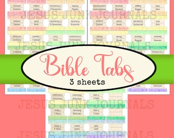 May include: A set of colourful Bible tabs with a watercolour design. The tabs are labelled with the names of the books of the Bible, including Genesis, Exodus, Leviticus, Numbers, Deuteronomy, Joshua, Judges, Ruth, 1 Samuel, 2 Samuel, 1 Kings, 2 Kings, 1 Chronicles, 2 Chronicles, Ezra, Nehemiah, Esther, Job, Psalms, Proverbs, Ecclesiastes, Song of Solomon, Isaiah, Jeremiah, Lamentations, Ezekiel, Daniel, Hosea, Joel, Amos, Obadiah, Jonah, Micah, Nahum, Habakkuk, Zephaniah, Haggai, Zechariah, Malachi, Matthew, Mark, Luke, John, Acts, Romans, 1 Corinthians, 2 Corinthians, Galatians, Ephesians, Philippians, Colossians, 1 Thessalonians, 2 Thessalonians, 1 Timothy, 2 Timothy, Titus, Philemon, Hebrews, James, 1 Peter, 2 Peter, 1 John, 2 John, 3 John, Jude, and Revelation. The tabs are printed on three sheets of paper.