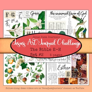 May include: A collage of Bible-themed art journal pages. The pages feature botanical illustrations of fruit and flowers, along with scriptural text and inspirational words like "Grace" and "Esther." The set includes 5 pages.