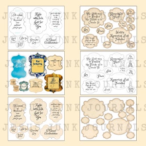 K&ouml;nnte beinhalten: Ein Satz digitaler Scrapbook-Papiere zum Ausdrucken mit verschiedenen Designs und Texten. Das Papier hat einen Vintage-Look mit cremefarbenem Hintergrund und braunem Text. Der Text enth&auml;lt S&auml;tze wie "Made with love, Just for You", "Dream Big", "A Grand Accumulation", "The Best Way to Predict the Future is to Create It", "Remember This", "Happy Memories Last Forever", und "Ex Libris".