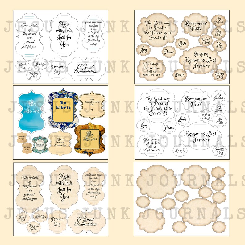 K&ouml;nnte beinhalten: Ein Satz digitaler Scrapbook-Papiere zum Ausdrucken mit verschiedenen Designs und Texten. Das Papier hat einen Vintage-Look mit cremefarbenem Hintergrund und braunem Text. Der Text enth&auml;lt S&auml;tze wie "Made with love, Just for You", "Dream Big", "A Grand Accumulation", "The Best Way to Predict the Future is to Create It", "Remember This", "Happy Memories Last Forever", und "Ex Libris".