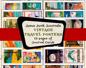 Vintage Reiseposter, 48 Junk Journal Karten, Retro Jesusjunkjournals Digital Kit