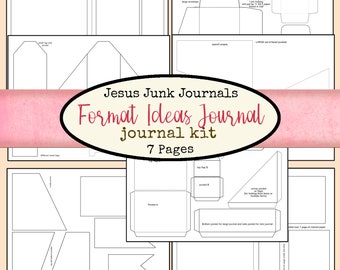 Op de afbeelding: Zwart-witte printbare journal-formaat ideeënset met 7 pagina's. De set bevat verschillende lay-outs voor zakken, kleppen en enveloppen. De titel "Jesus Junk Journals Format Ideas Journal Journal Kit 7 Pages" staat bovenaan de pagina.