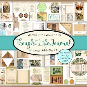 Könnte beinhalten: Ein digitaler druckbarer Kit für Junk Journals mit einem türkisfarbenen Banner, auf dem "Thought Life Journal" und "20 page Add-On Kit" steht. Der Kit enthält verschiedene Bilder und Texte mit Naturmotiven, darunter Vögel, Blumen und Schmetterlinge. Der Kit enthält auch inspirierende Zitate und Bibelverse.