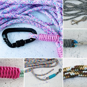 Schleppleine ohne Handschlaufe für große Hunde und mittelgroße Hunde aus 10mm Seil mit Edelstahl oder Kletterkarabiner, Hundeleine