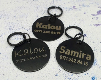 Hundemarke personalisiert aus Edelstahl mit Nickel, schwarz, 3cm Durchmesser, Laser Gravur, rund