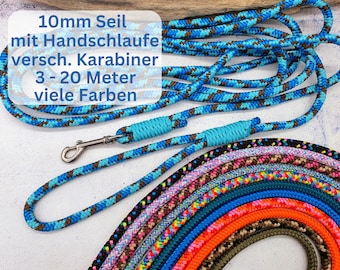 Schleppleine aus 10mm Seil mit Handschlaufe für mittelgroße bis große Hunde. Hundeleine, Schwimmleine, lange Leine, Edelstahl, Tau