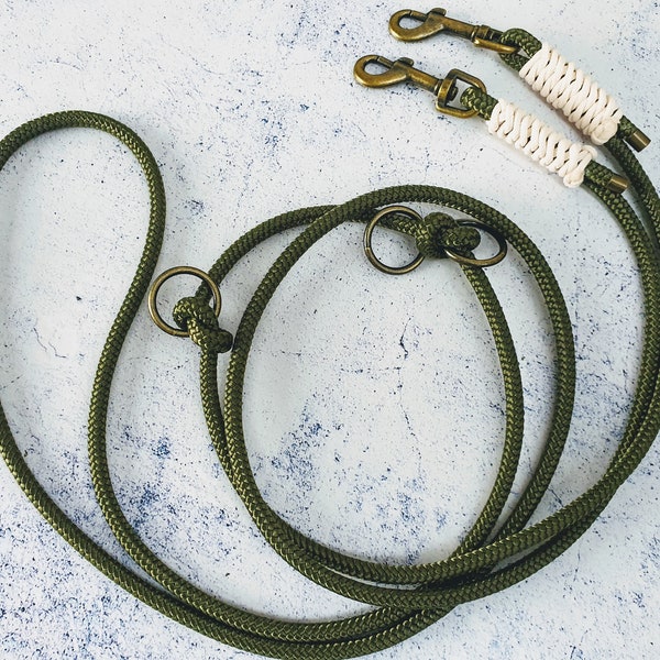 Dog leash made of rope for small dogs in olive, rope leash made of 6 mm rope, triple adjustable, puppy leash, leash