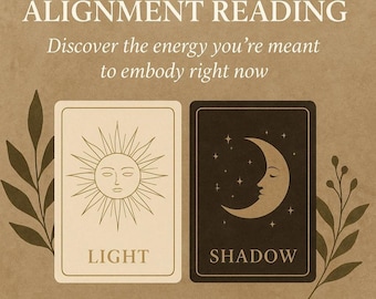 May include: An advertisement for a Light & Shadow Alignment Reading. The image features two tarot cards, one with a sun design and the word "LIGHT", the other with a crescent moon and stars and the word "SHADOW". Text includes "Discover the energy you're meant to embody right now" and "30-MINUTE AUDIO READING".