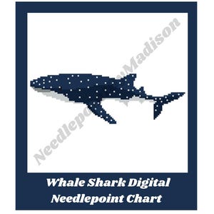 May include: A digital needlepoint chart featuring a pixelated dark blue whale shark with white spots. The text Needlepoint Madison appears diagonally across the image, and the text Whale Shark Digital Needlepoint Chart is at the bottom.