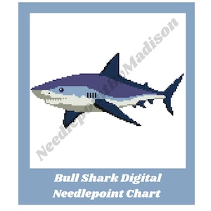 May include: A digital needlepoint chart featuring a pixel art bull shark in shades of dark blue, light blue, and white. The image includes the text NeedlepointByMadison diagonally and the text Bull Shark Digital Needlepoint Chart at the bottom.