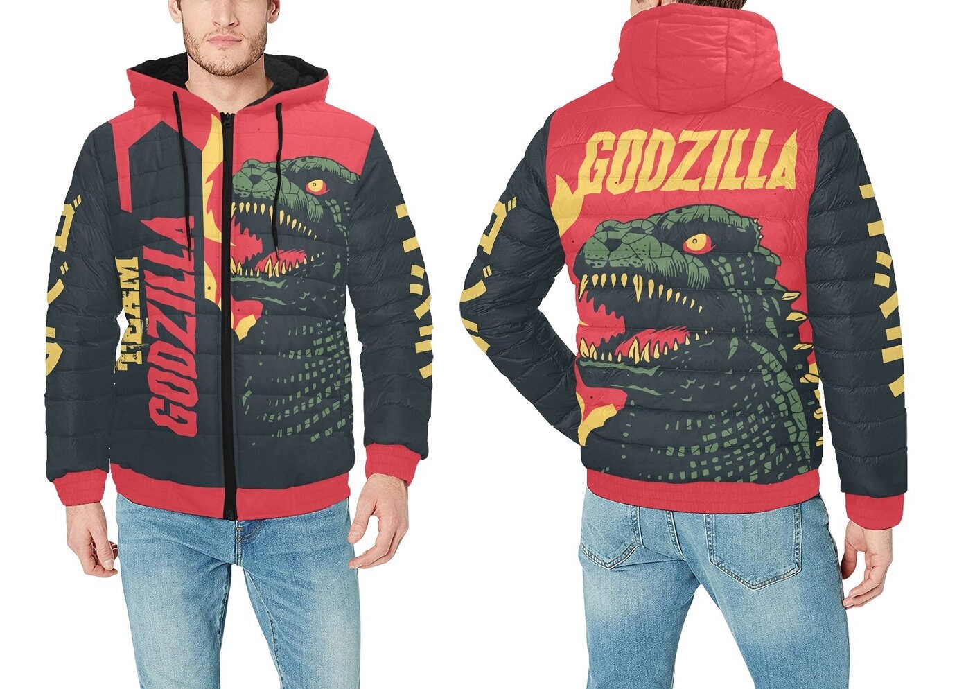 Team Godzilla Puffer Bomber Jacket Hooded | Etsy