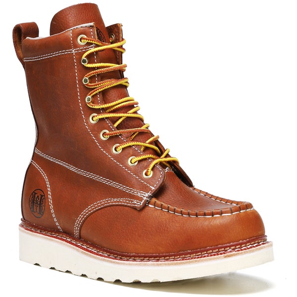 HANDMEN Stylish Classic 8" SureTrack Soft Toe Mens Work Boots, Leather Slip Resistant Durable Breathable Moc Toe Work Boot 808