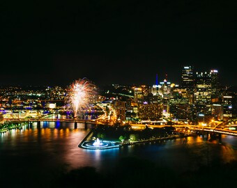 Downtown view of Pittsburgh with Fireworks from PNC Park Pirates - Photo Canvas Metal Metallic Print