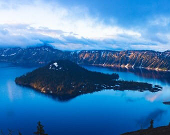 Wizard Island at Sunrise at Crater Lake National Park Oregon Twilight Canvas Wrap Metal Print Photo