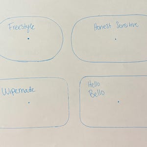 以下が含まれることがあります： 白い紙に手描きされた4つの青いアウトラインの形があり、それぞれに単語が書かれています。単語は「Freestyle」、「Honest Sensitive」、「Wipemate」、「Hello Bello」です。各形状には小さな点があります。
