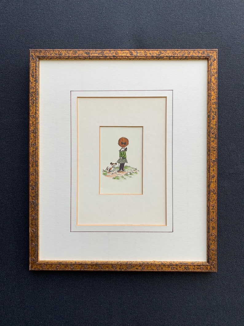 retro French print vintage ornate rusty-gold wood frame gilded. French miniature print..11x9 girl and puppy coloured ink drawing