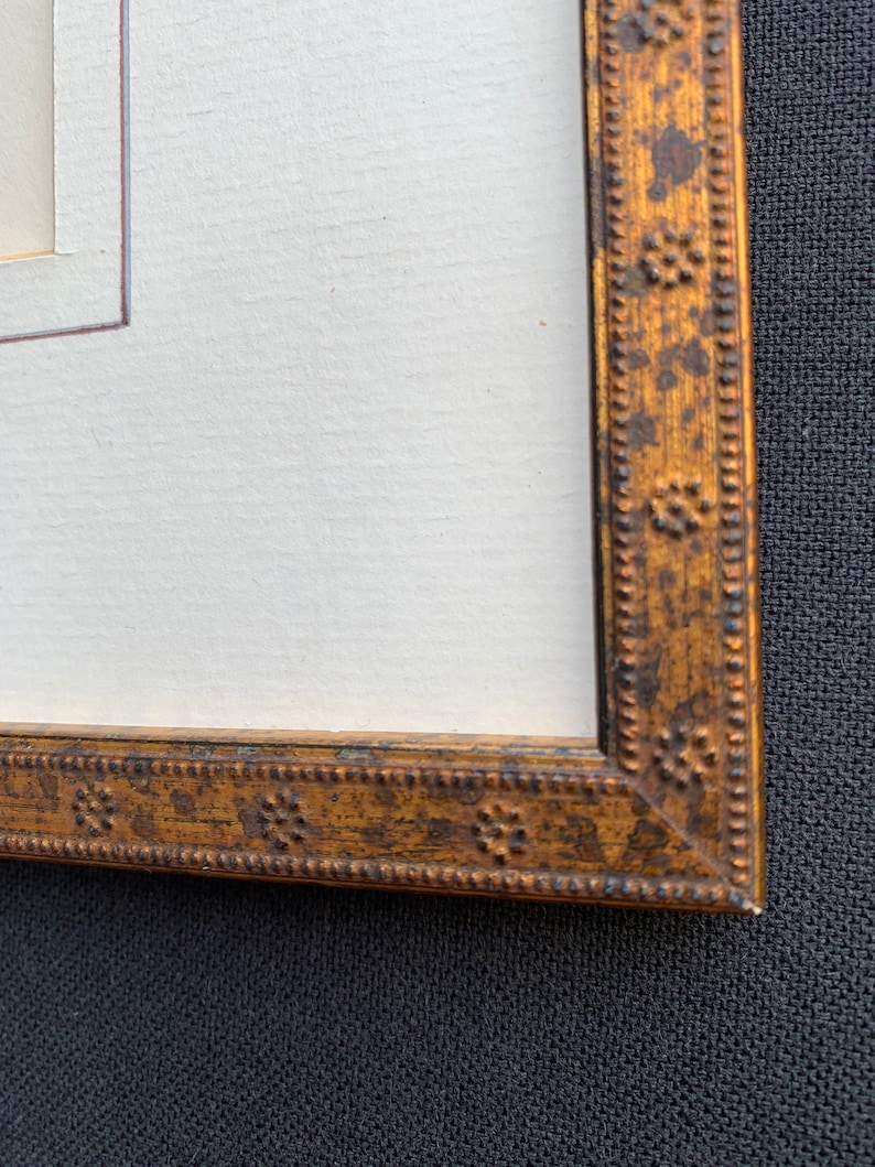 retro French print vintage ornate rusty-gold wood frame gilded. French miniature print..11x9 girl and puppy coloured ink drawing