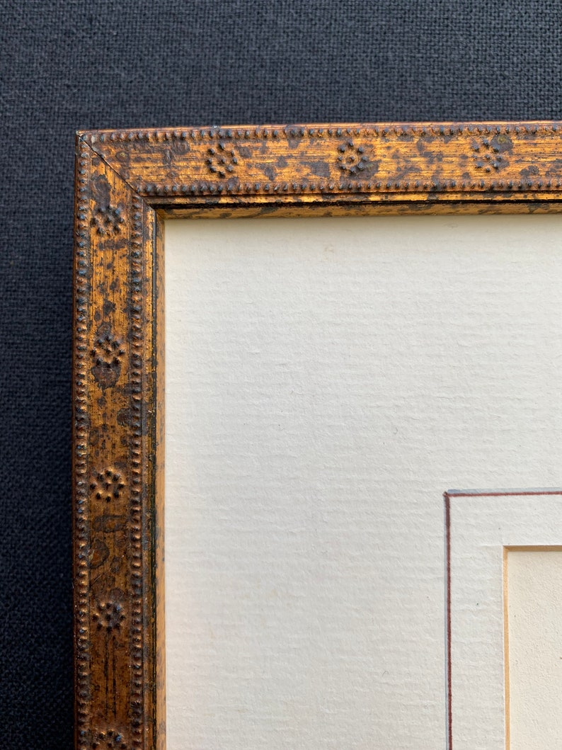 retro French print vintage ornate rusty-gold wood frame gilded. French miniature print..11x9 girl and puppy coloured ink drawing