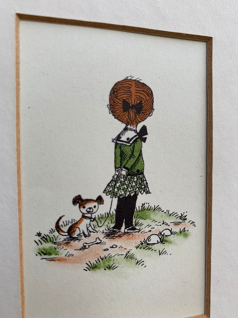 retro French print vintage ornate rusty-gold wood frame gilded. French miniature print..11x9 girl and puppy coloured ink drawing