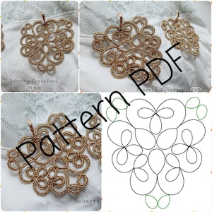 Può includere: Primo piano di un design di pizzo a forma di cuore, di colore dorato e intricato. Il design è fatto di piccoli anelli delicati e ricorda un fiore. Il design è su uno sfondo bianco. Il testo "Pattern PDF" è sovrapposto all'immagine.